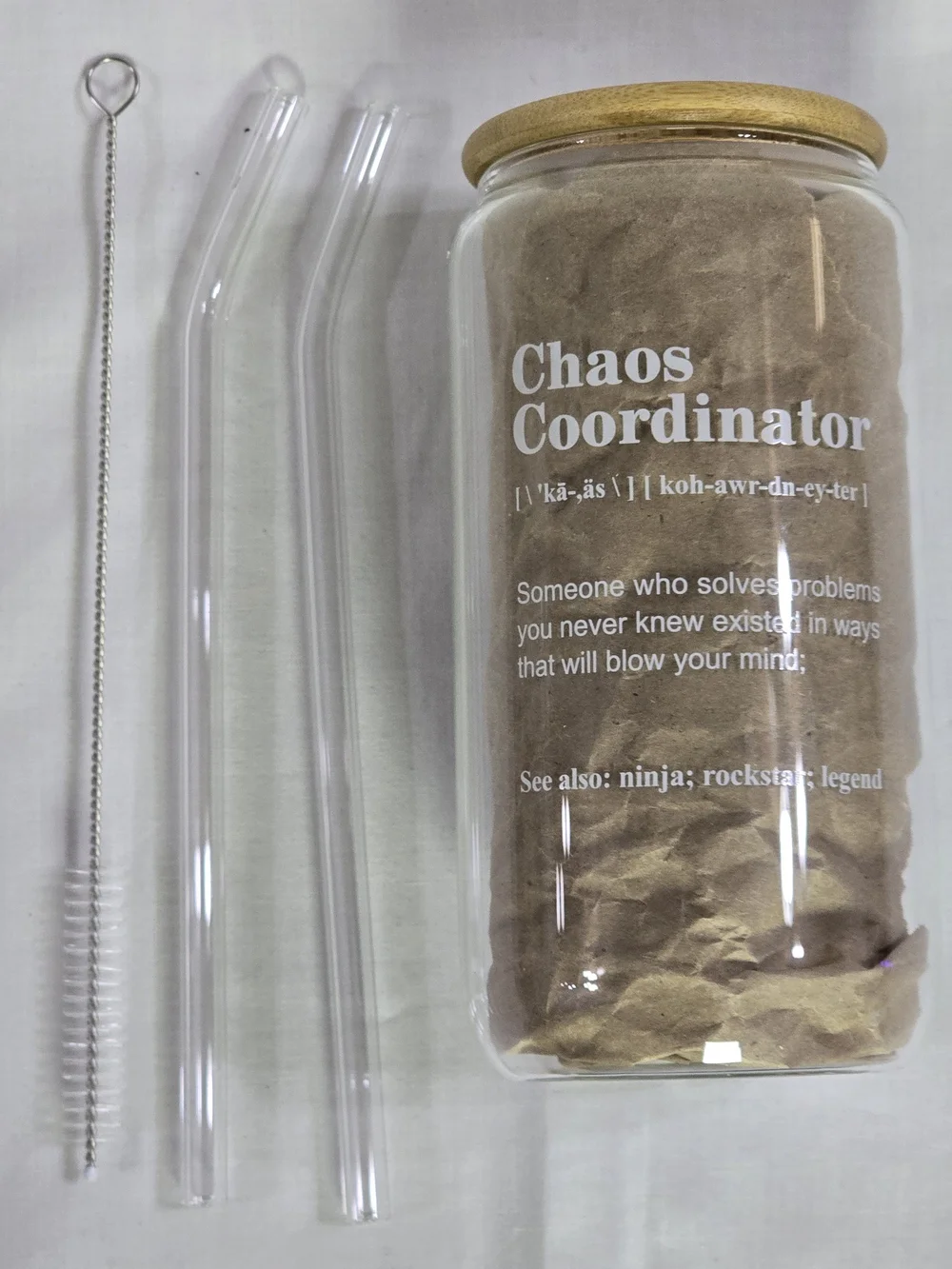 ​Chaos Coordinator Glass Can Tumbler 16oz Bamboo Lid Straw Brush Novelty Gift